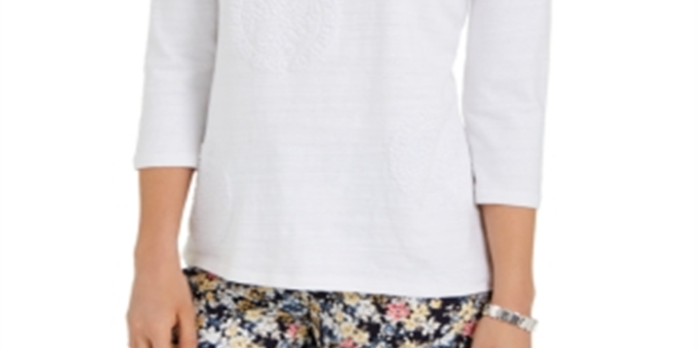 Charter Club Women's 3/4 Sleeve Printed Top White Size X-Small