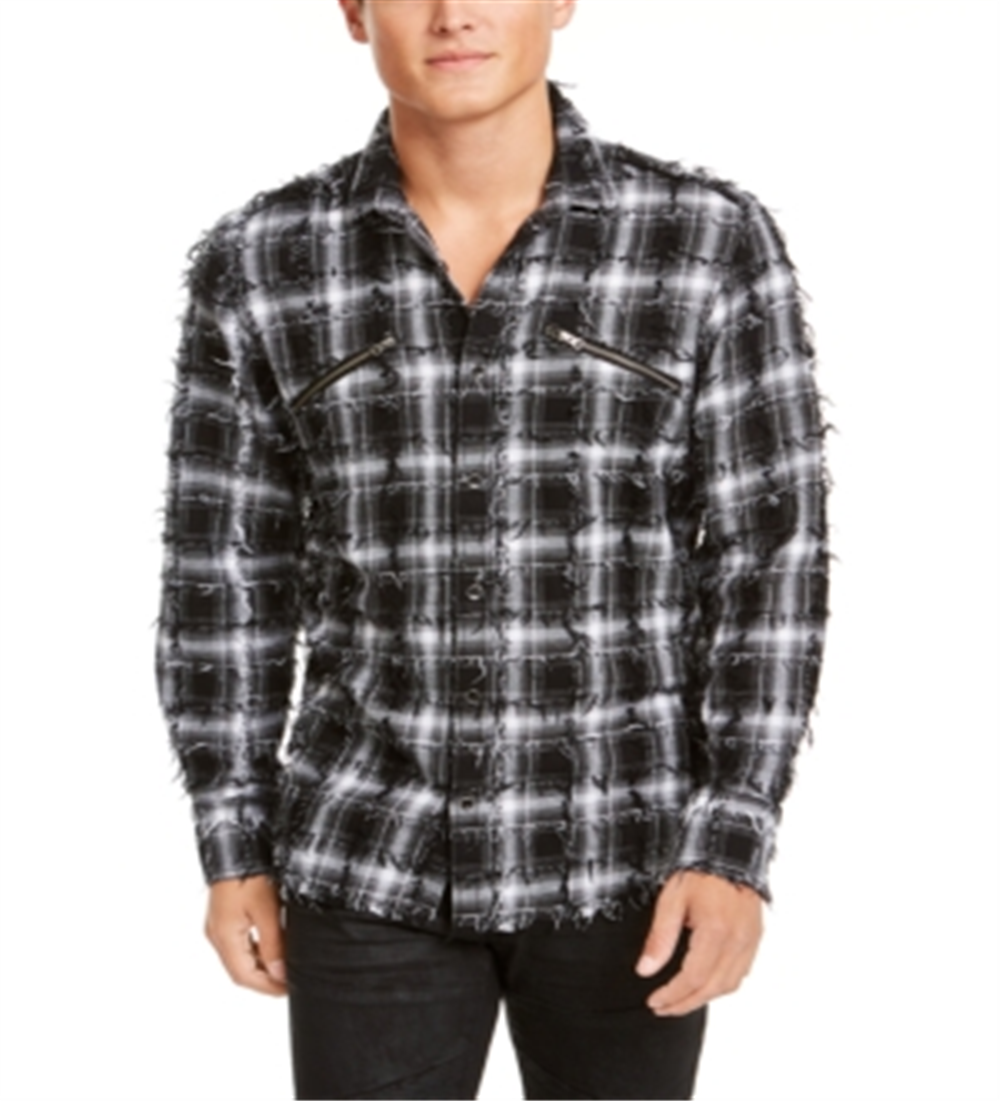 INC International Concepts Men's Frayed Plaid Shirt White Size Small