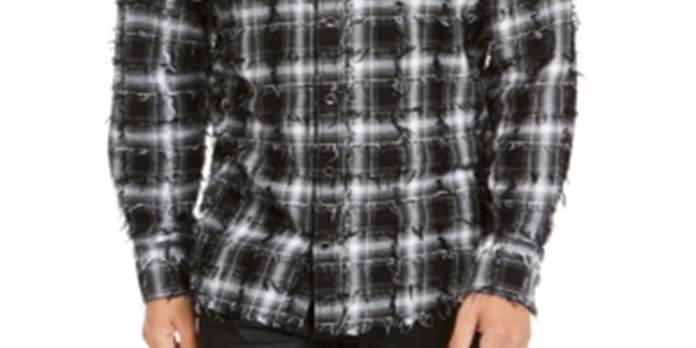 INC International Concepts Men's Frayed Plaid Shirt White Size Small