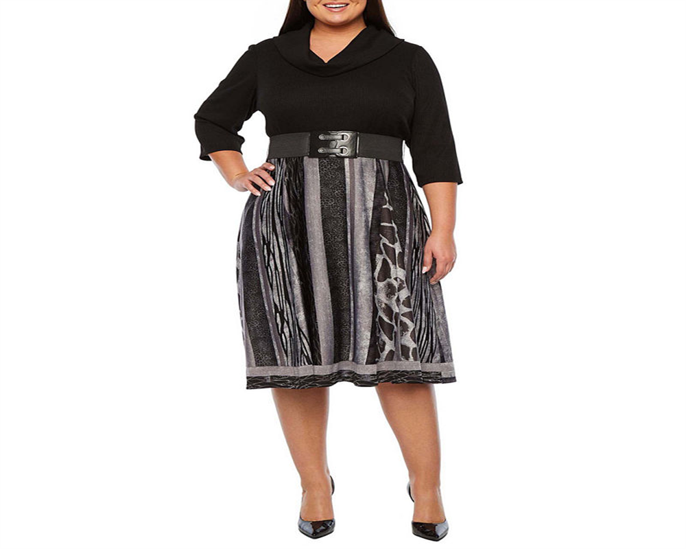 Robbie Bee Women's Plus Ribbed Top Belted Animal Print Dress Black/Grey Size 3X