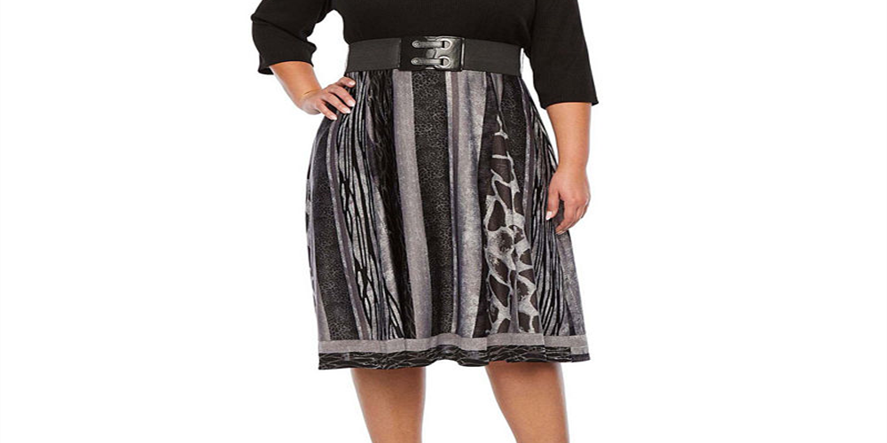 Robbie Bee Women's Plus Ribbed Top Belted Animal Print Dress Black/Grey Size 3X