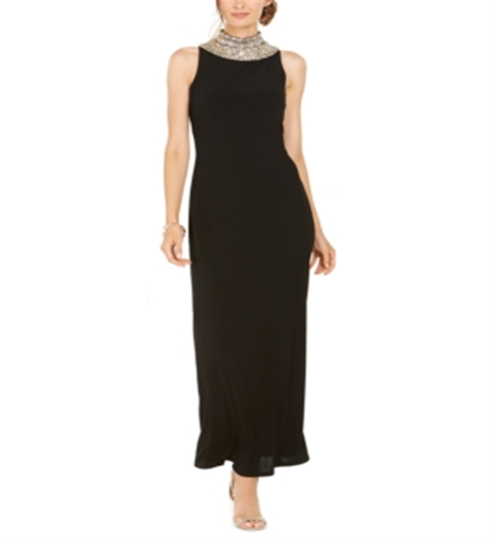 SLNY Women's Embellished Ruffled Zippered Sleeveless Mock Maxi Sheath Formal Dress Black Size 12