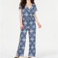 Style & Co Women's Knit Ruched Tie Waist Printed Short Sleeve V Neck Jumpsuit Blue Size X-Large