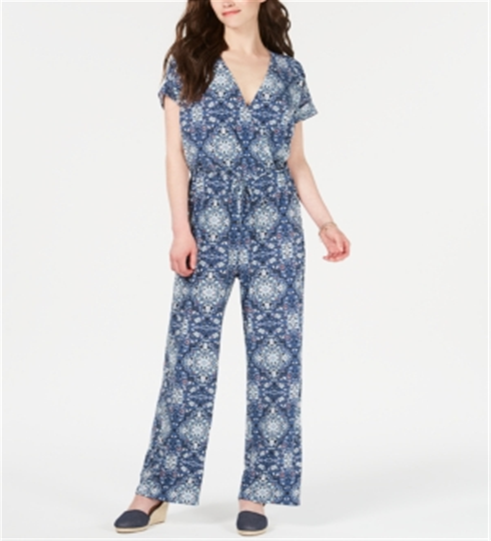 Style & Co Women's Knit Ruched Tie Waist Printed Short Sleeve V Neck Jumpsuit Blue Size X-Large