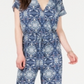 Style & Co Women's Knit Ruched Tie Waist Printed Short Sleeve V Neck Jumpsuit Blue Size X-Large