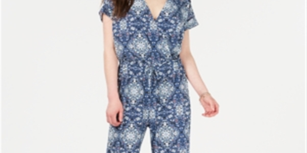 Style & Co Women's Knit Ruched Tie Waist Printed Short Sleeve V Neck Jumpsuit Blue Size X-Large