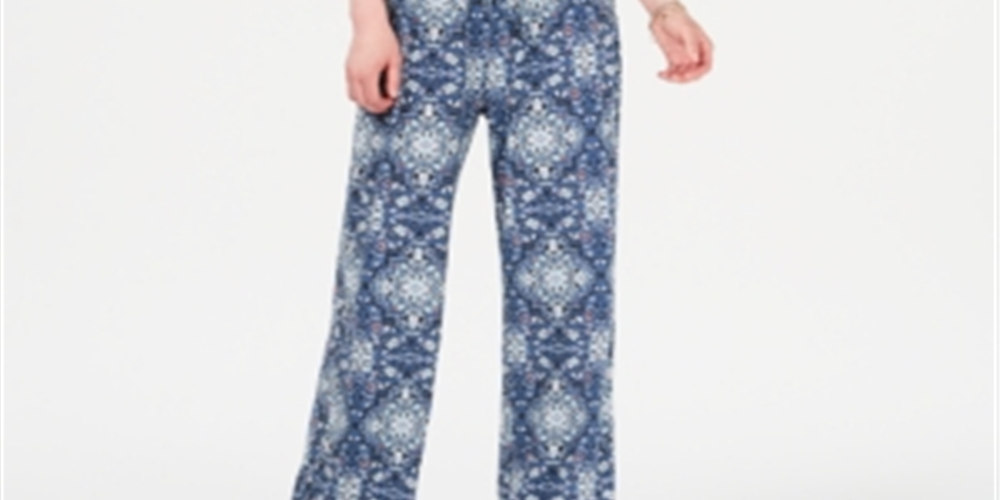 Style & Co Women's Knit Ruched Tie Waist Printed Short Sleeve V Neck Jumpsuit Blue Size X-Large