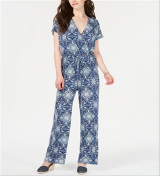Style & Co Women's Printed Short Sleeve V Neck Wrap Straight Leg Jumpsuit Blue Size Large