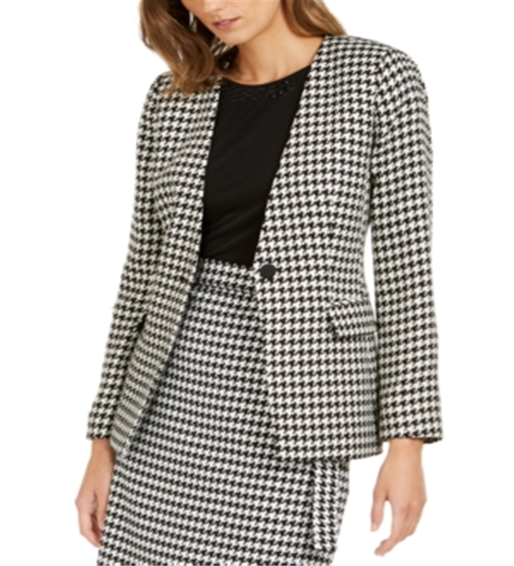 Calvin Klein Women's Houndstooth Print Single Button Blazer Black Size 6