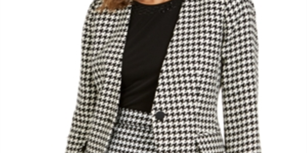 Calvin Klein Women's Houndstooth Print Single Button Blazer Black Size 6