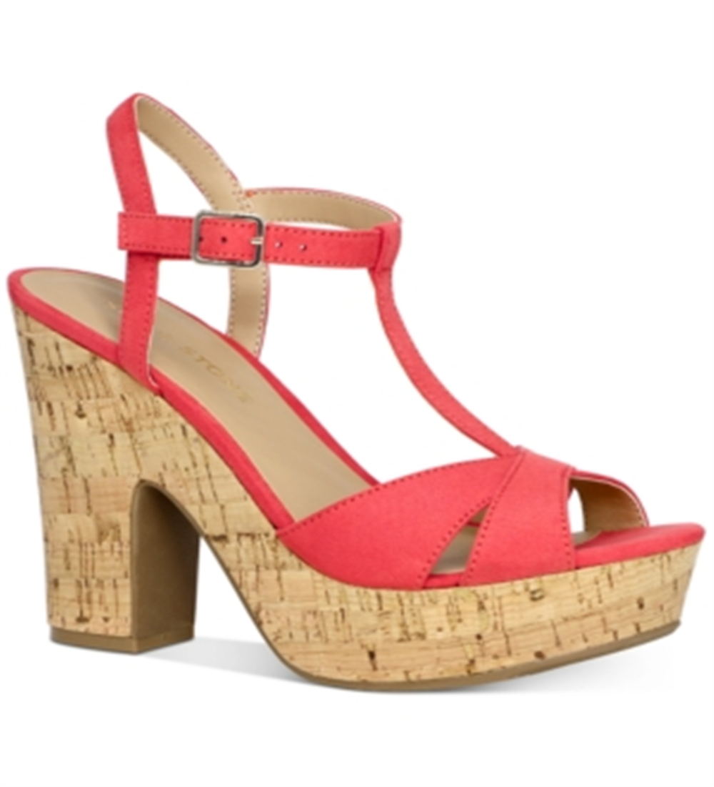 Sun Stone Women's Coral 1 Platform Cushioned Strappy T-Strap Slip Resistant Jamie Block Heel Buckle Espadrille Shoes Orange Size 7.5 M