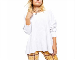 Free People Women's Amelia Cotton Waffle Knit Thermal Top White Size Medium