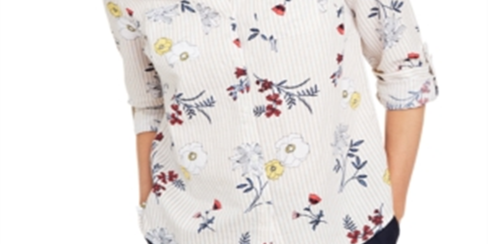 Charter Club Women's Floral Print Button Down Linen Shirt Red Size X-Large