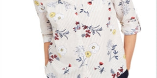 Charter Club Women's Floral Print Button Down Linen Shirt Red Size X-Large