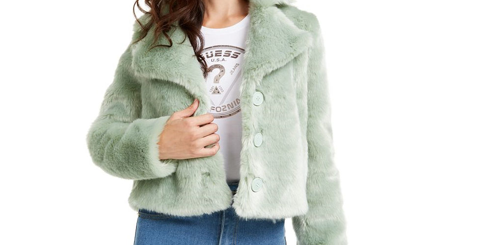 Guess Women's Minted Faux Fur Coat Green Size -M