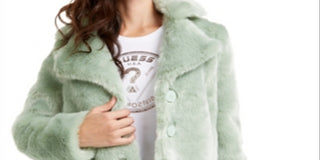 Guess Women's Minted Faux Fur Coat Green Size -M
