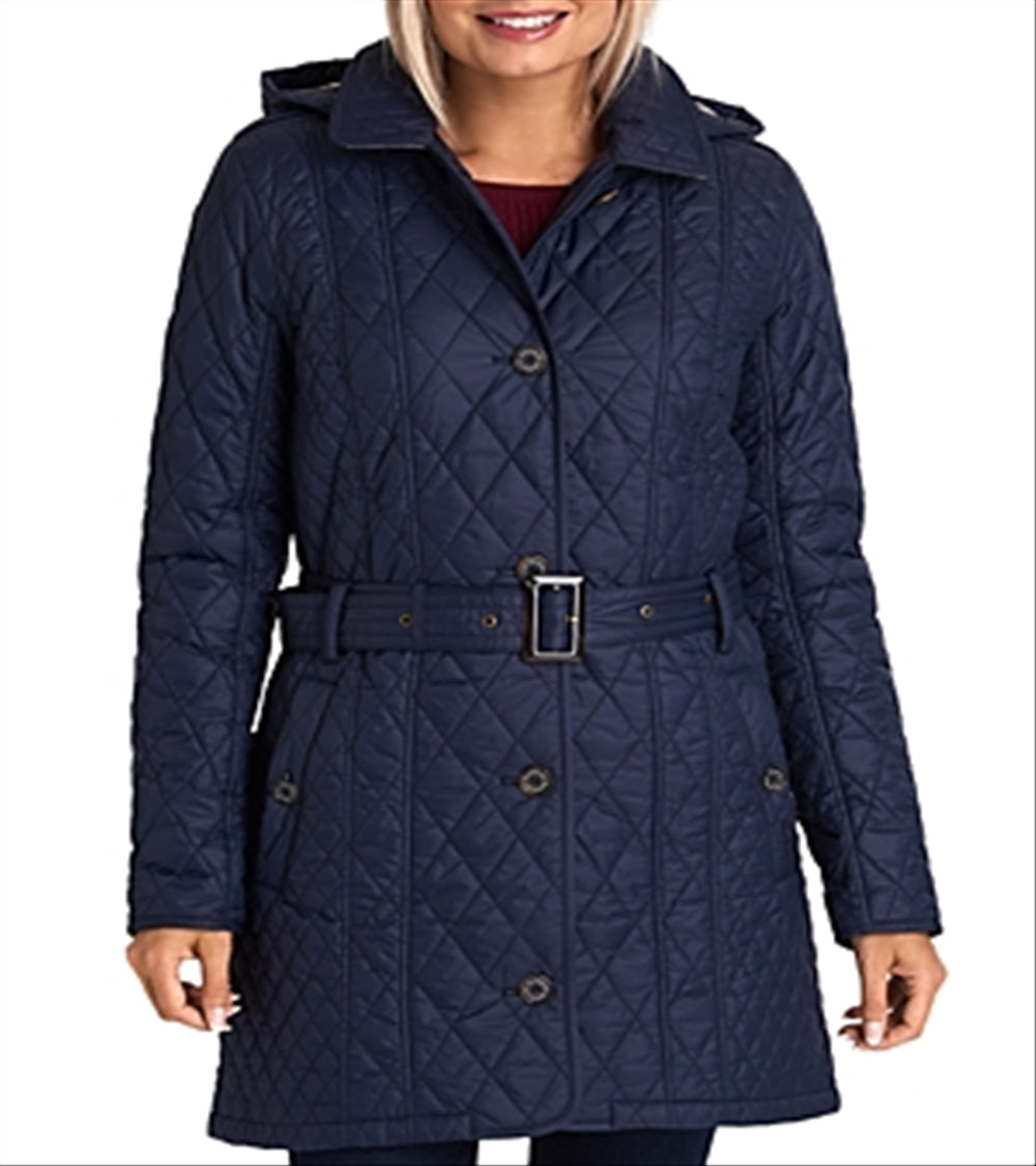 Barbour Women's Zippered Belted Lined Buttoned Hooded Quilted Winter Jacket Coat Blue Size 4