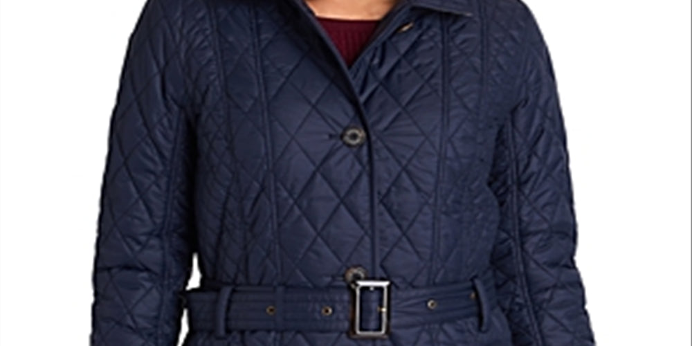 Barbour Women's Zippered Belted Lined Buttoned Hooded Quilted Winter Jacket Coat Blue Size 4