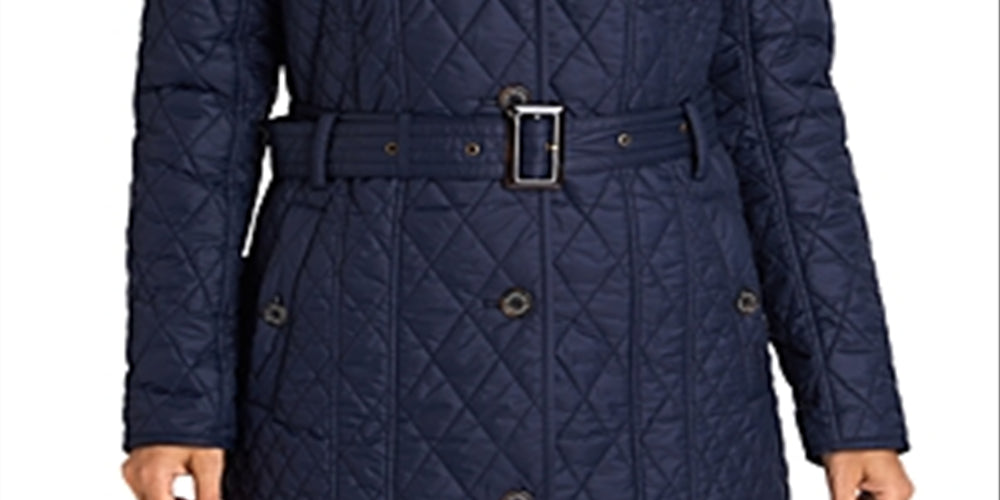 Barbour Women's Zippered Belted Lined Buttoned Hooded Quilted Winter Jacket Coat Blue Size 4