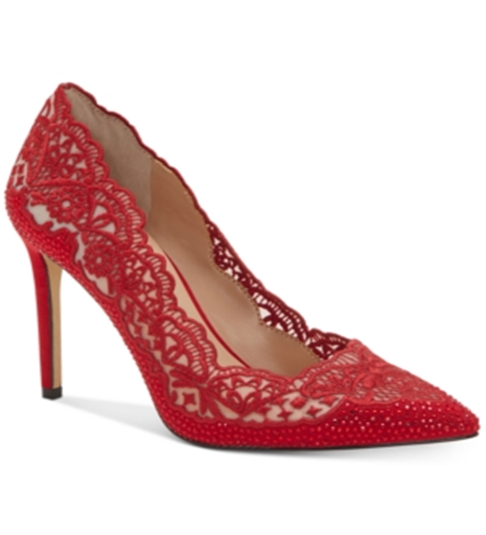INC Womens Red Floral Scalloped Rhinestone Lace Padded Kyomi Pointed Toe Stiletto Slip on Pumps Red Size 8 M