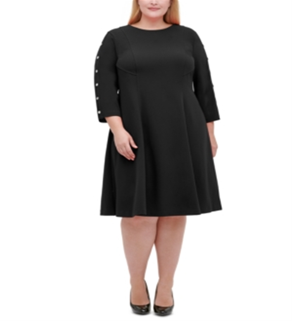 Tommy Hilfiger Women's Long Sleeve Knee Length Fit Flare Dress Black Size 14W