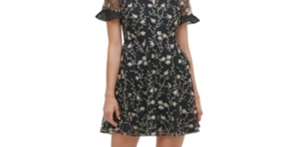 Kensie Women's Floral-Embroidered Mesh Mini Dress Turquoise Size 10