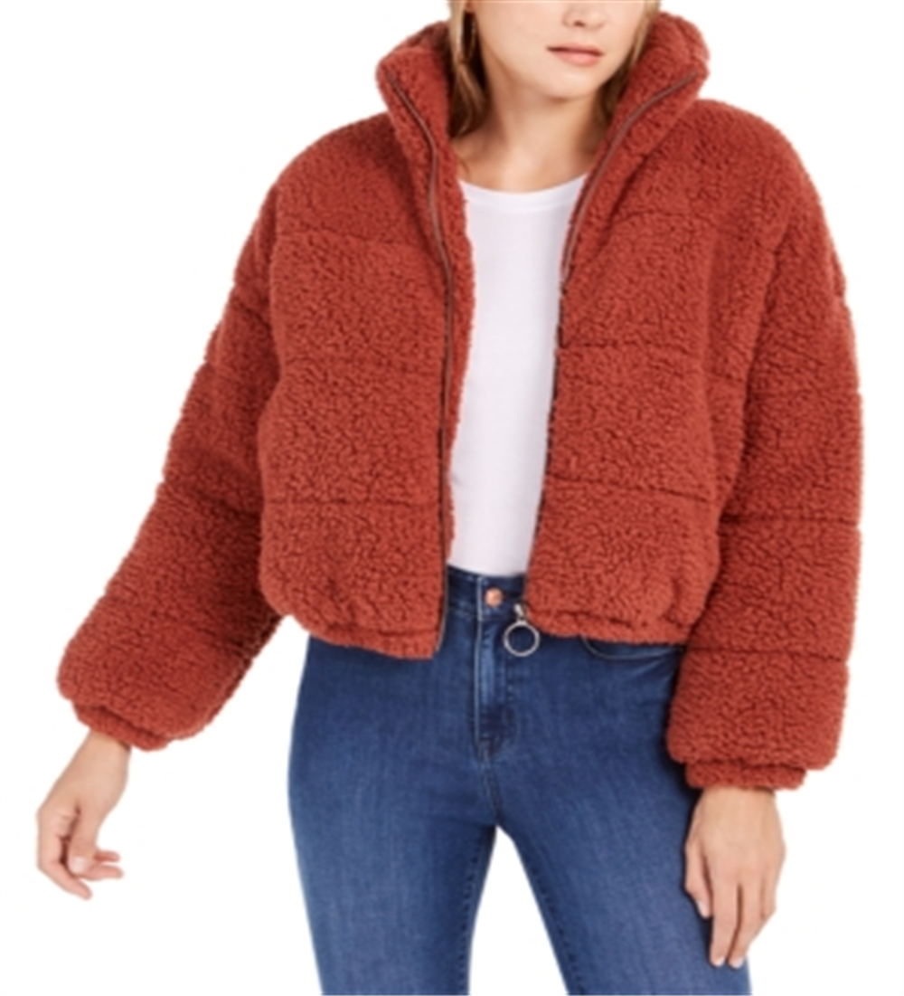 Kit & Sky Women's Fleece Faux Fur Sherpa Puffer Zip up Jacket Orange Size Large