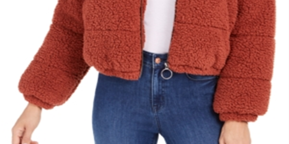 Kit & Sky Women's Fleece Faux Fur Sherpa Puffer Zip up Jacket Orange Size Large