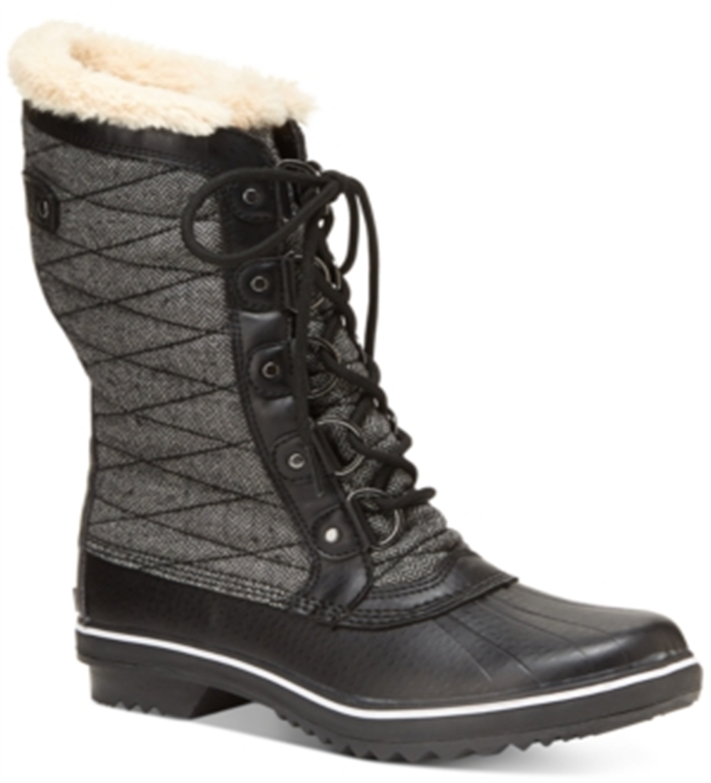 JBU Women's Platform Fur Trim Water Resistant Quilted Lorna Round Toe Block Heel Lace up Snow Boots Black Size 8