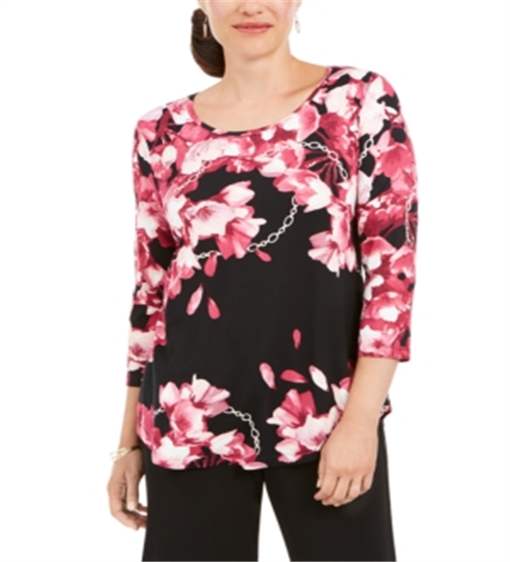 JM Collection Women's Floral Print Long Sleeve T-Shirt Black Size Small