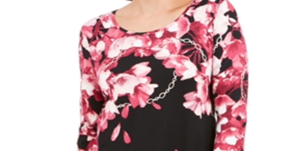 JM Collection Women's Floral Print Long Sleeve T-Shirt Black Size Small