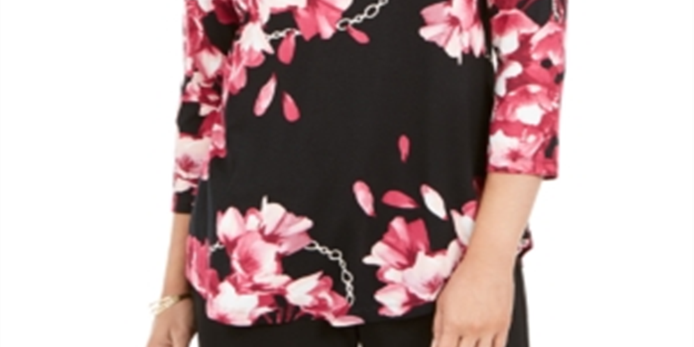 JM Collection Women's Floral Print Long Sleeve T-Shirt Black Size Small