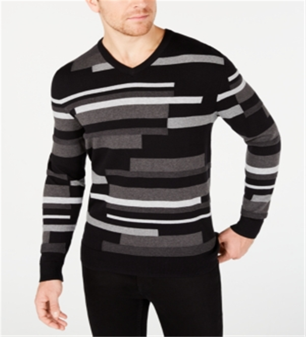 Alfani Men's Textured Striped V Neck Sweater Black Size Medium
