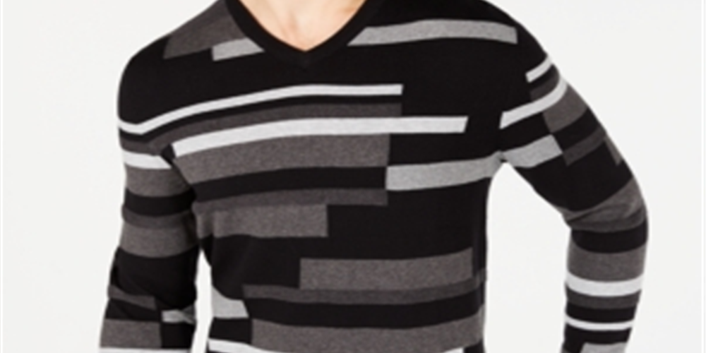 Alfani Men's Textured Striped V Neck Sweater Black Size Medium