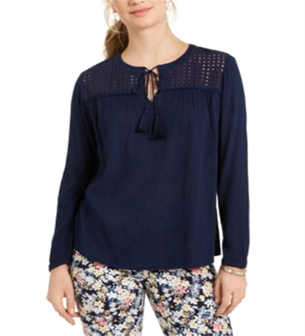 Charter Club Women's Tassel Tie Eyelet Linen Top Blue Size X-Large
