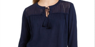 Charter Club Women's Tassel Tie Eyelet Linen Top Blue Size X-Large