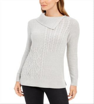 Charter Club Women's Envelope Neck Cable Knit Sweater Gray Size Petite Small