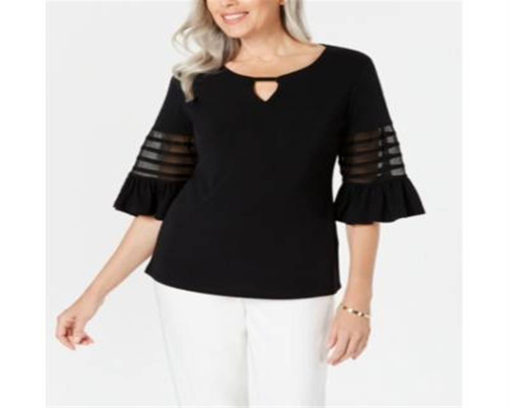 JM Collection Women's Keyhole Bell Sleeve Top Black Size Small