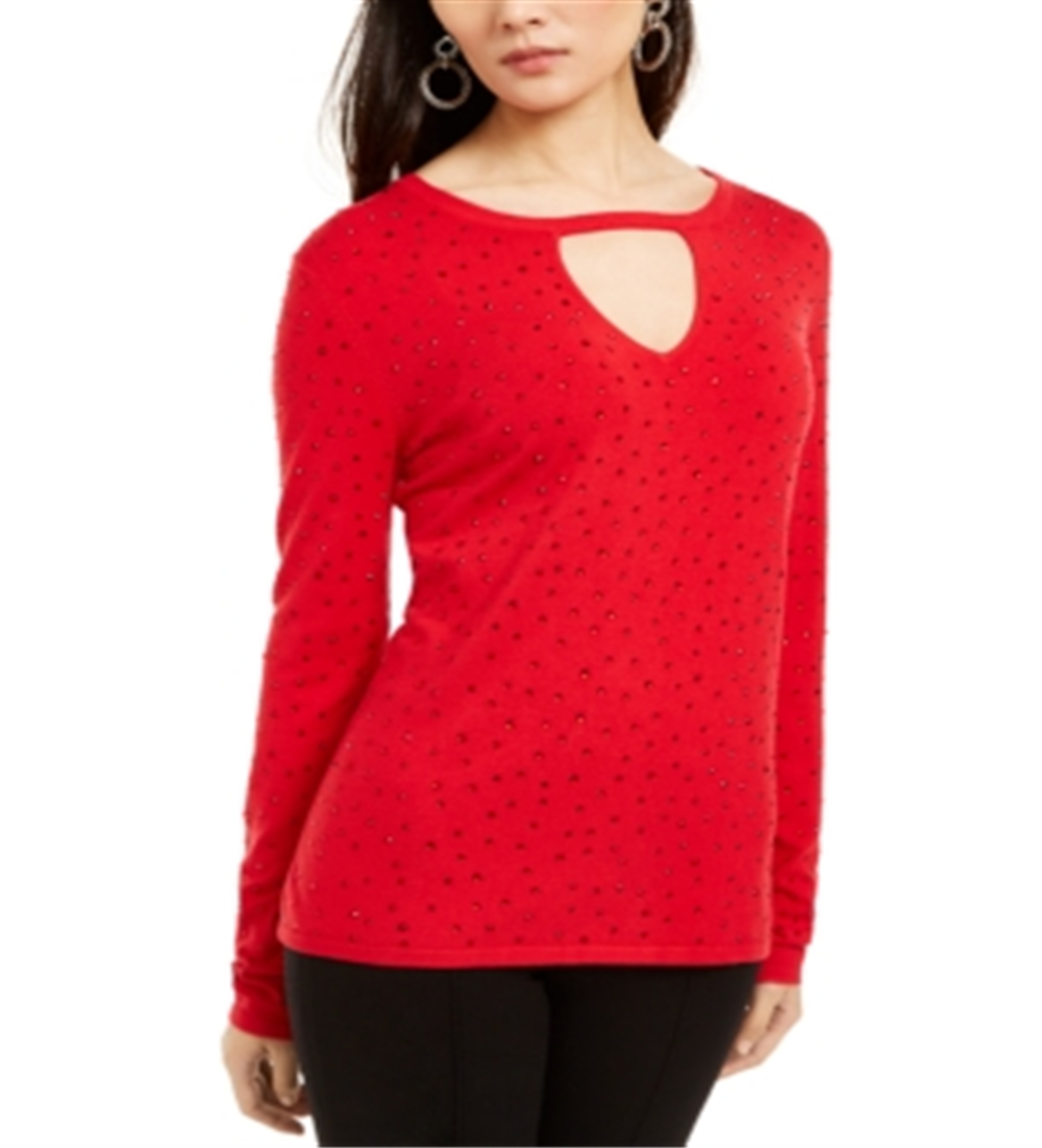 INC International Concepts Women's Studded Keyhole Neck Sweater Red Size Petite Medium