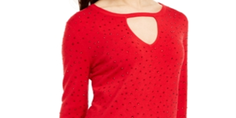 INC International Concepts Women's Studded Keyhole Neck Sweater Red Size Petite Medium