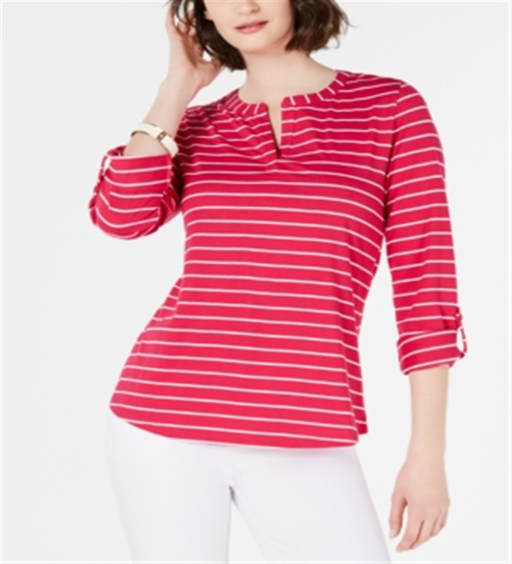 Charter Club Women's Striped Split Neck Top Pink Size Large