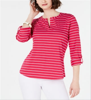 Charter Club Women's Striped Split Neck Top Pink Size Large