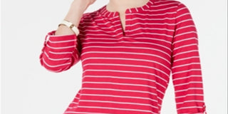 Charter Club Women's Striped Split Neck Top Pink Size Large