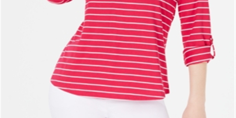 Charter Club Women's Striped Split Neck Top Pink Size Large