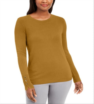 JM Collection Women's Solid Long Sleeve Jewel Neck Top Yellow Size Petite Small