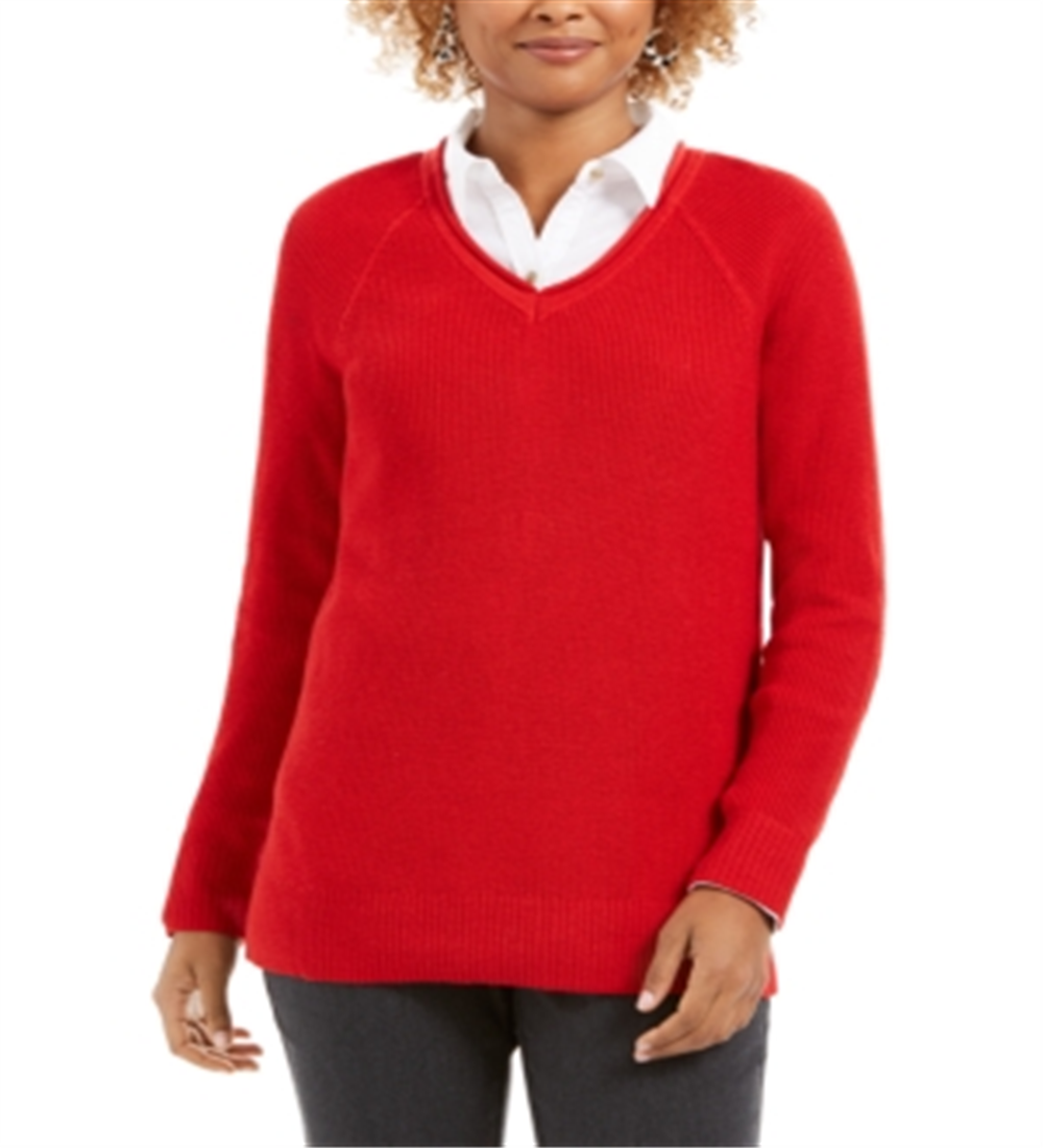 Charter Club Women's Solid Long Sleeve V Neck T-Shirt Top Red Size X-Small