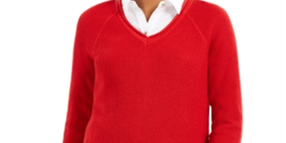Charter Club Women's Solid Long Sleeve V Neck T-Shirt Top Red Size X-Small