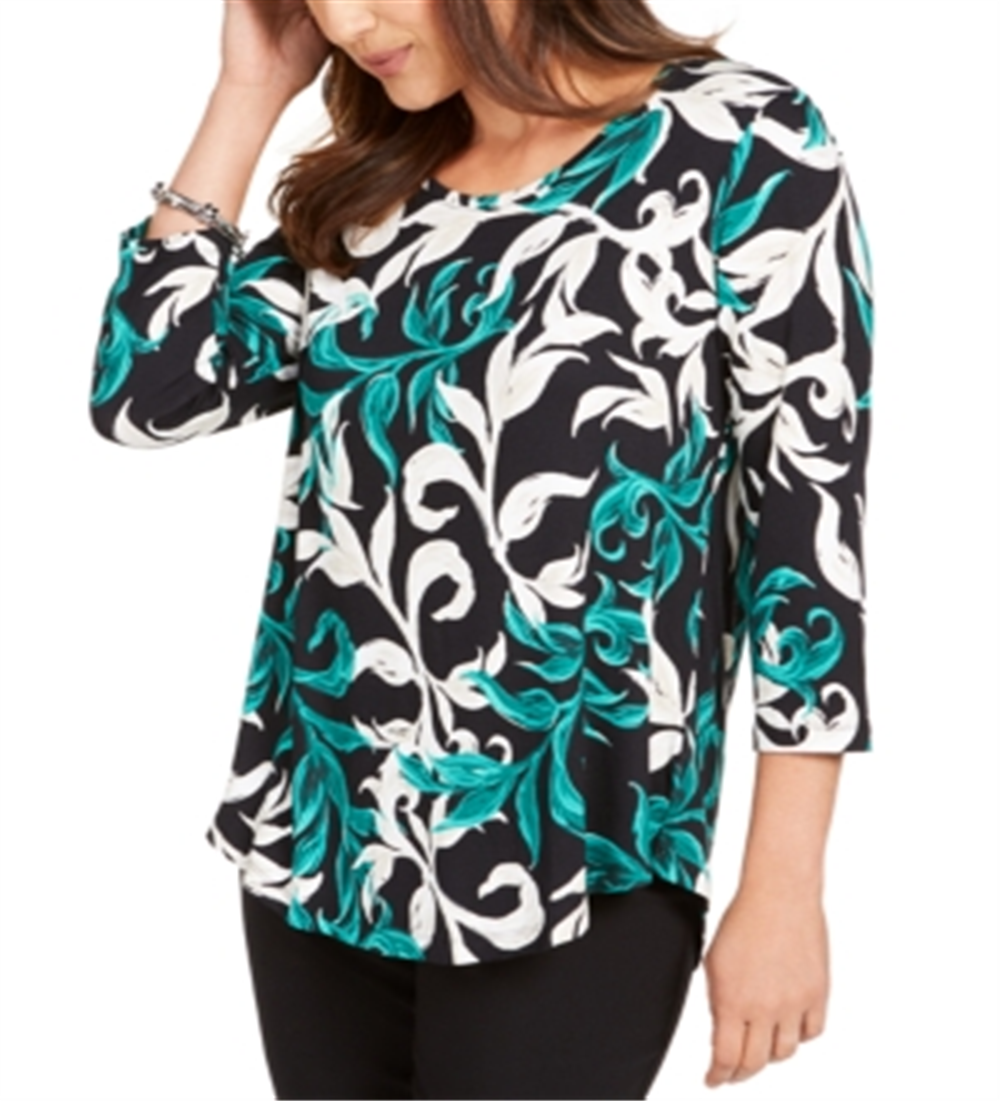 JM Collection Women's Printed Scoop Neck Top Green Size X-Small