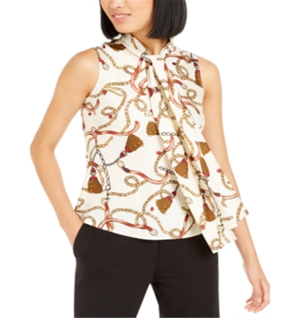 Bar III Women's Printed Tie Neck Top White Size L