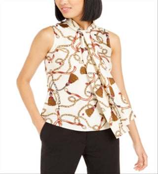 Bar III Women's Printed Tie Neck Top White Size L